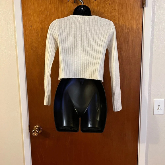 Say What Women’s Ivory Ribbed Knit Cropped Cardigan Sweater Small Zip-Up V-Neck - Picture 12 of 15